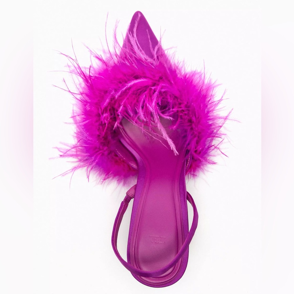 Zara Satin Slingback Pumps‎ Pointed Toe Feather Heels - Picture 7 of 17
